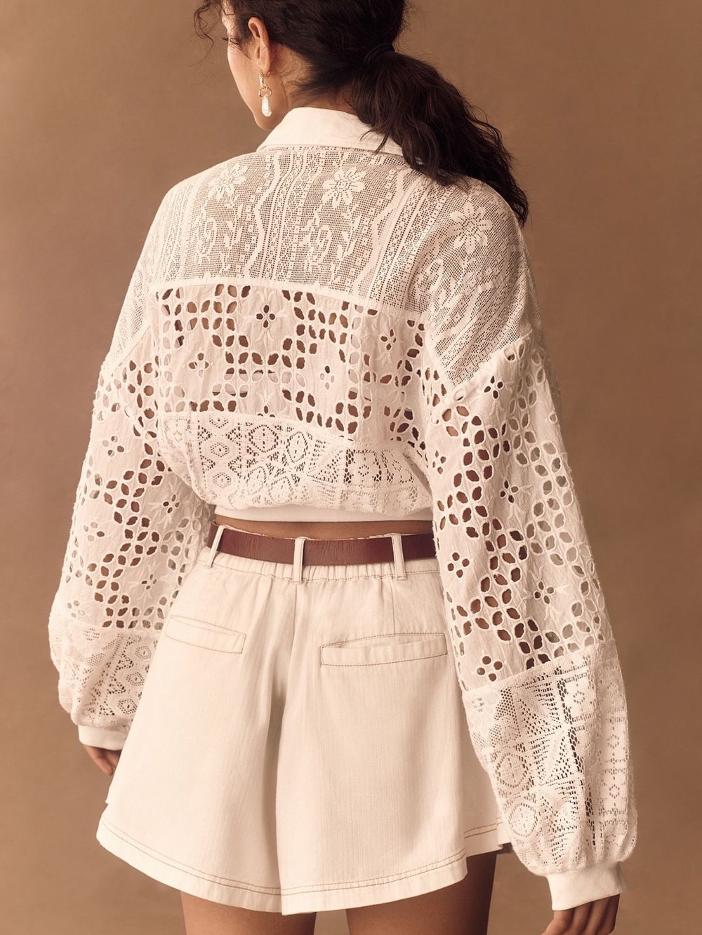 Anthropologie Pilcro Cutwork Bubble-Sleeve Shirt, MED white eyelet top - Picture 2 of 8